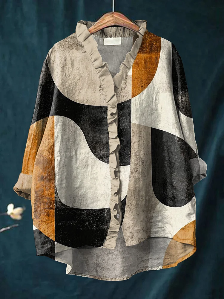 Women's Abstract Colorful Geometric Block Painting Art Print Casual Cotton And Linen Ruffle Shirt