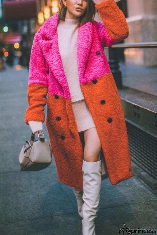 Plush Color Block Button Pocket Coat