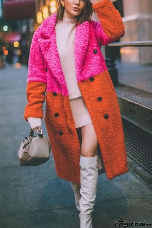 Plush Color Block Button Pocket Coat