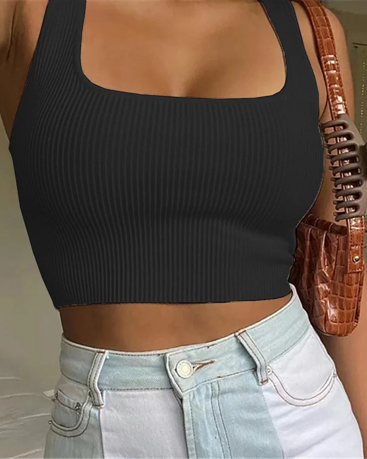 Thick Strap Square Neck Knit Crop Top P3578067336