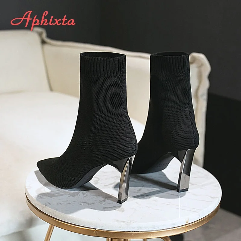 Aphixta Black Knitting Elastic Women Socks Boots Shoes Elegant Metal Thin High Heel Pointed Toe Ankle Boots for Women