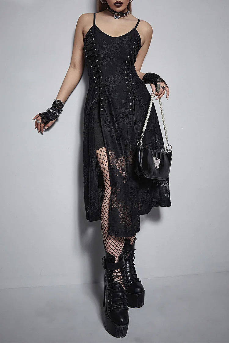 Gothic Black Party Lace Grommet Lace Up Split Bilayer V Neck Cami Midi Dress