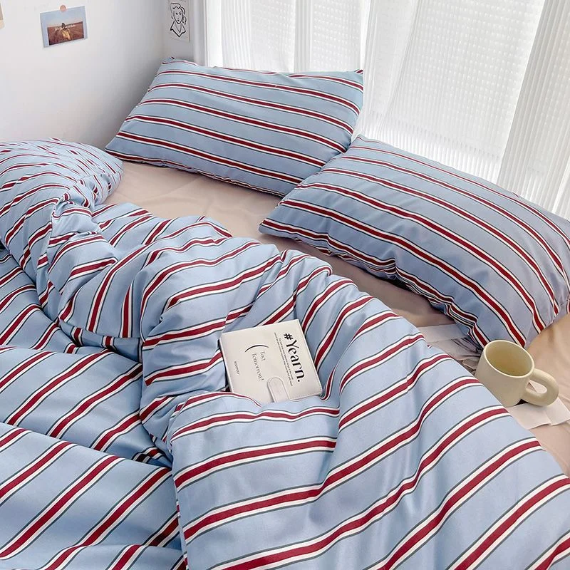 Aonga Simple Red and Blue Striped Duvet Cover and Four Piece Bed Sheet Set with Washed Cotton Bedding on the Bed 0313 aonga