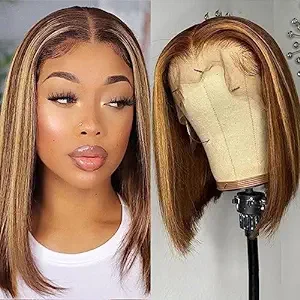 Unvizossa Ombre Highlight Bob Wig Human Hair 13X4 Lace Front Wig Bob P4/27 Brown Colored Human Hair Wigs