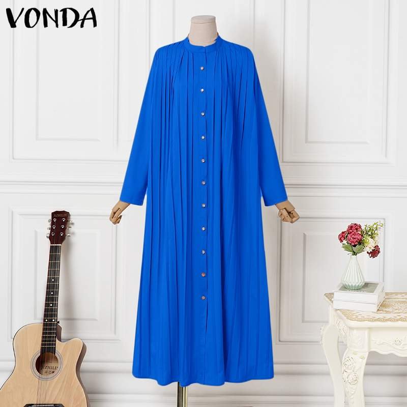 Summer Long Dress 2022 VONDA Vintage Women Sundress Long Sleeve Button Up Dress Autumn Holiday Loose Long Shirt Vestidos