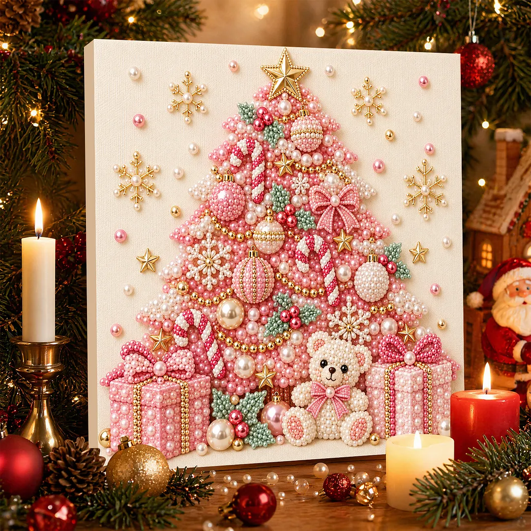 Framed Pearl Painting Kit Pink Christmas Tree 7.87x7.87in