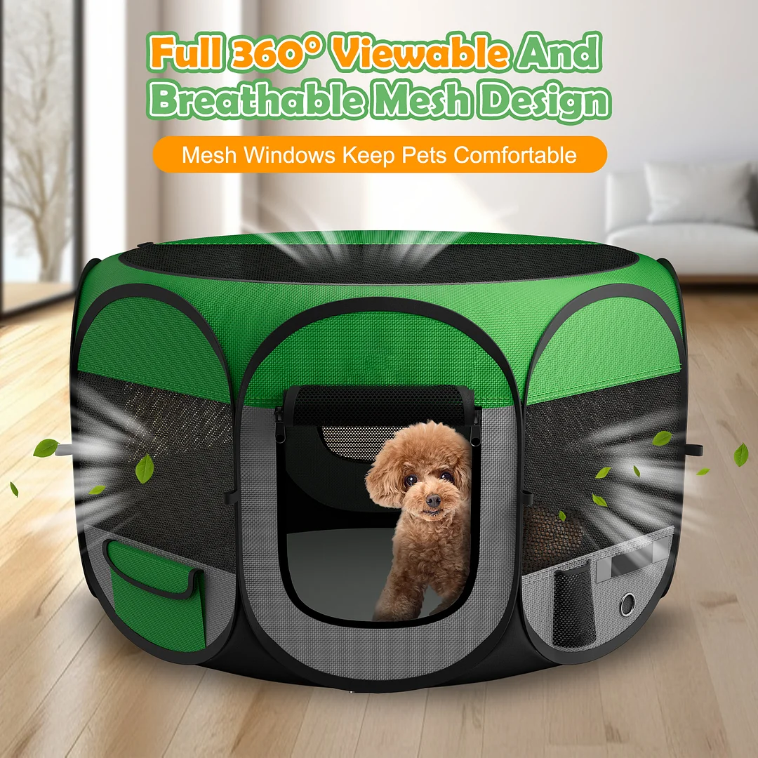 Upgraded Pet Dog Playpen for Small/Medium/Large Dogs Indoor/Outdoor, 600D Oxford Fabric Green Portable Cat Playpen Enclosed with Removable Zipper Top and Bottom（S）