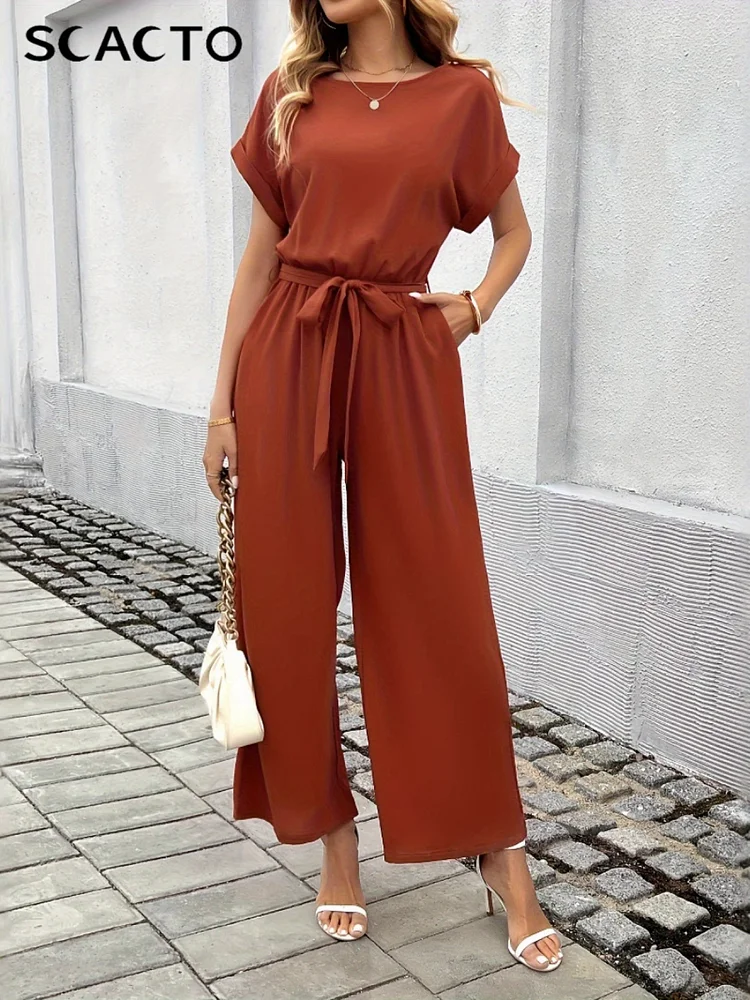 Scacto 2025 Summer Women's 2 Set Fashion Solid Color With Belt Round Neck Jumpsuit