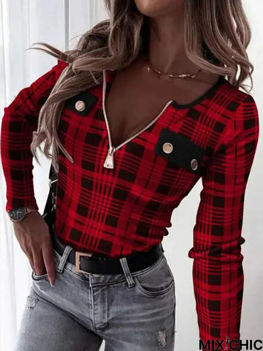 Party Buttoned Jersey Plaid T-Shirt