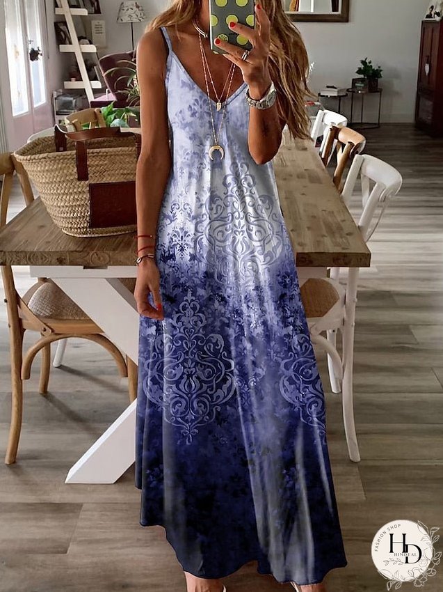 Casual Dress Summer Dress Slip Dress Graphic Print V Neck Long Dress Maxi Dress Active Fashion Outdoor Holiday Sleeveless Regular Fit Black Royal Blue Blue Summer S M L XL XXL for Women