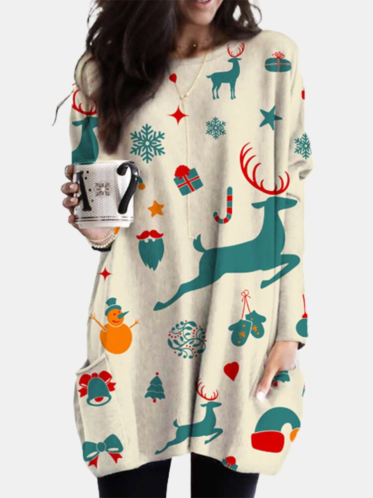 Christmas Print Long Sleeves O neck Casual Blouse For Women P1766125