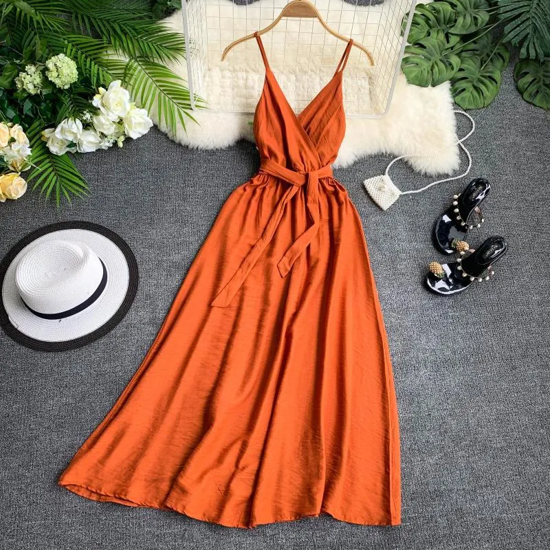 Fitaylor 2021 Women Dress Summer Sexy V Neck Sashes Dress Red White Black Sleeveless Spaghetti Strap Beach Dress Vestido