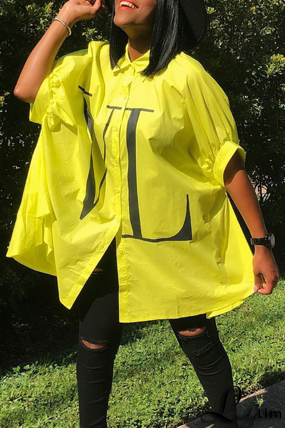 Green Fashion Print Patchwork Turndown Collar Tops