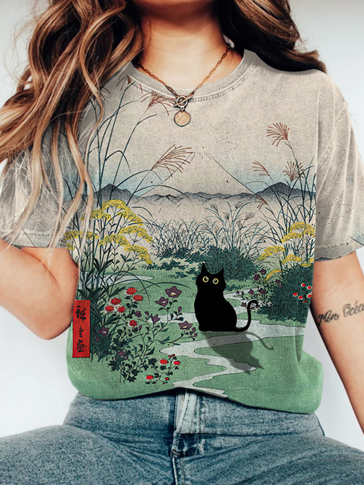 Comstylish Vintage Japanese Art Floral Cat Round Neck Casual T-Shirt