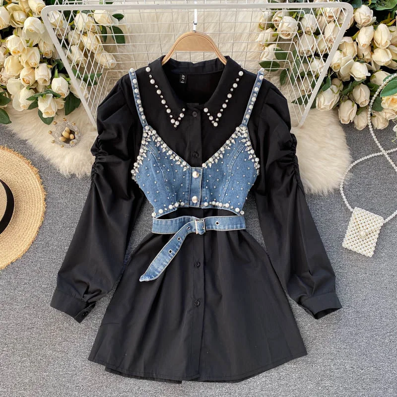 Spring 2021 New Temperament Blouse Female Lapel Beaded Stacking Bead Blusa Sling Waistcoat C Fashion Two-piece Shirt C814