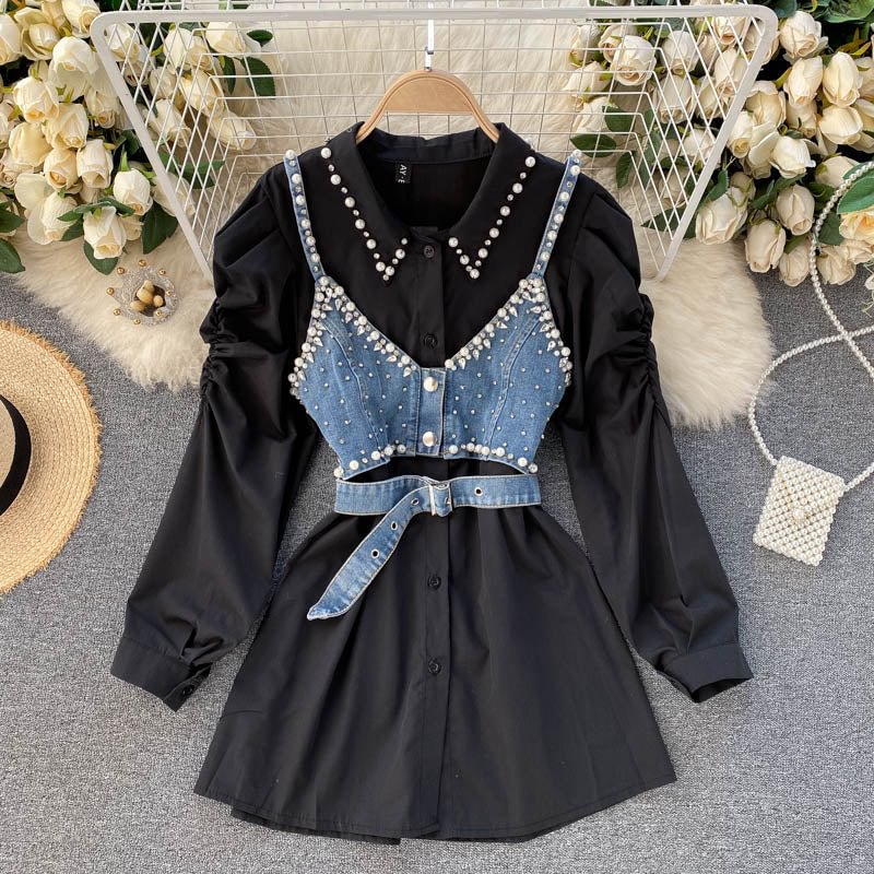Spring 2022 New Temperament Blouse Female Lapel Beaded Stacking Bead Blusa Sling Waistcoat C Fashion Two-piece Shirt C814