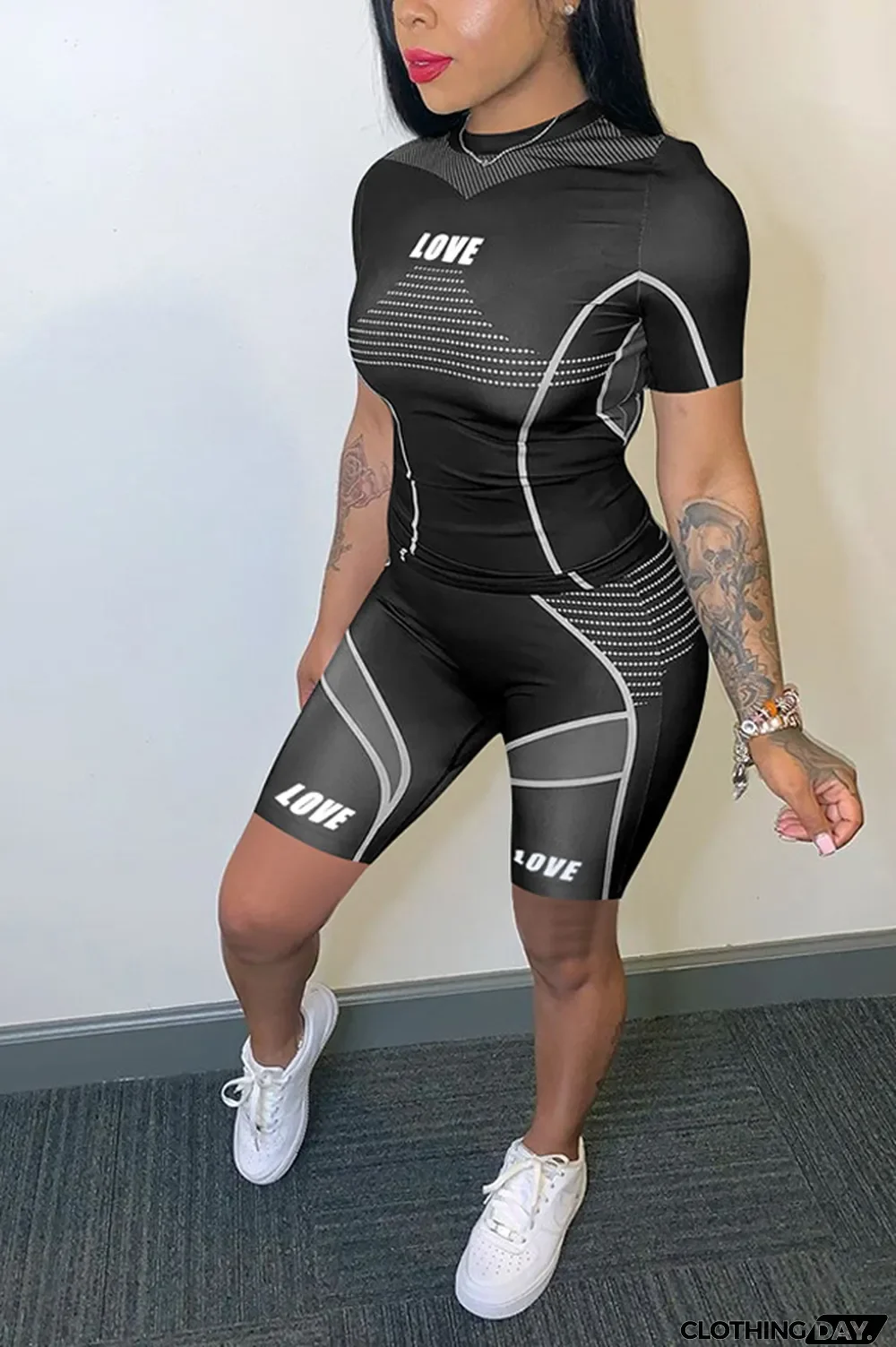 Pink knit Sexy Patchwork Print Straight Short Sleeve Two Pieces