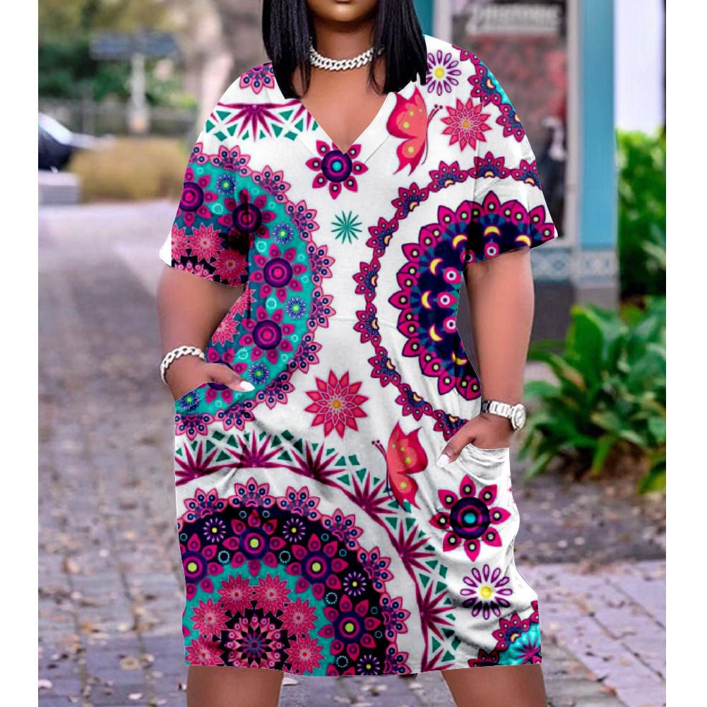 3D printed loose plus size v-neck mid-sleeve dress