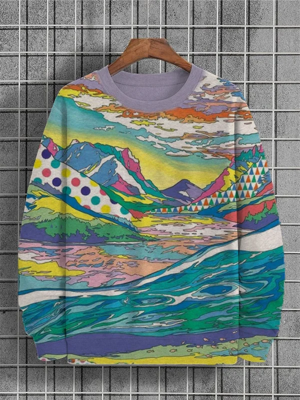 Men's Colorful Geometric Mountains River Clouds Print Casual Sweatshirt