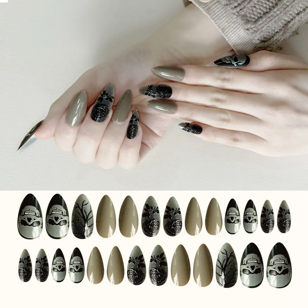 24Pcs Halloween Pattern Detachable Almond False Nails Medium-long Fake Nails Full Cover Nail Tips Press On Nails Manicure Tool