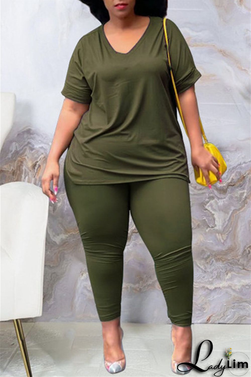 Tibetan Blue Fashion Casual Solid Slit V Neck Plus Size Two Pieces