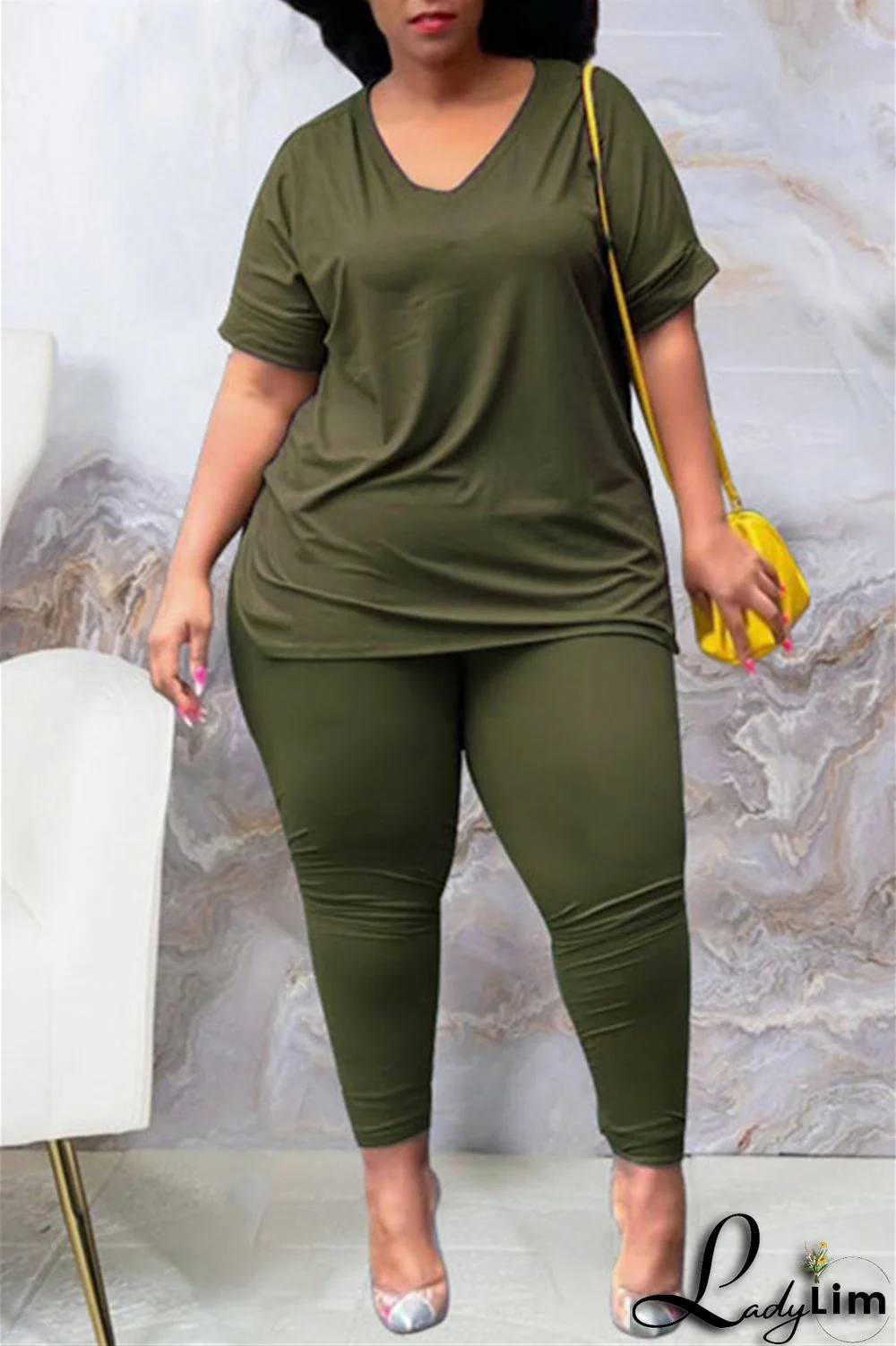 Tibetan Blue Fashion Casual Solid Slit V Neck Plus Size Two Pieces