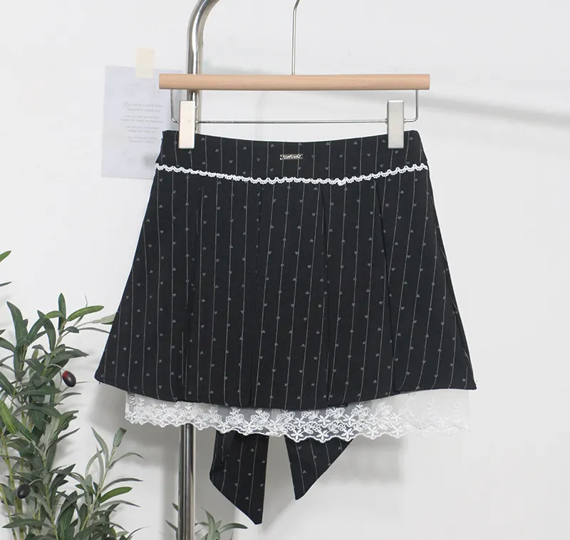 Churchf Real Shooting Leg Long Skirt Love Print Splicing Lace A Word 100 Folds Thin Bow Half-Dress Skirt 9339