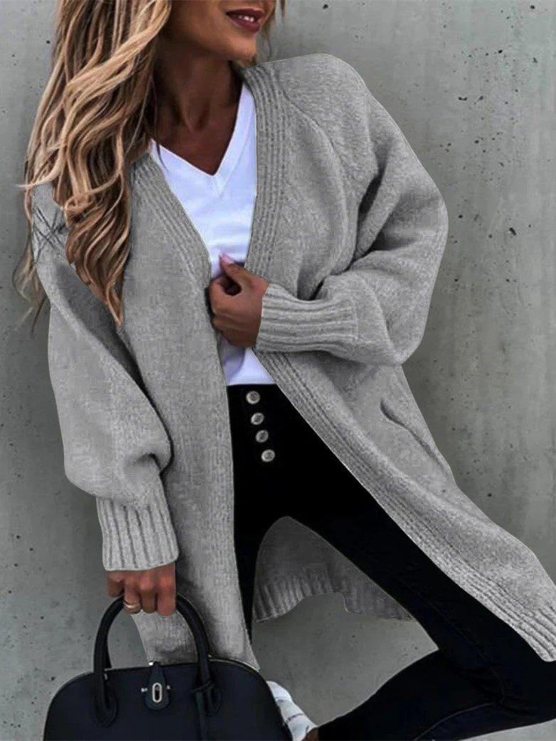 Women plus size clothing Gray - Women Long Sleeve Cardigan Solid Knit Sweaters Coats-Nordswear