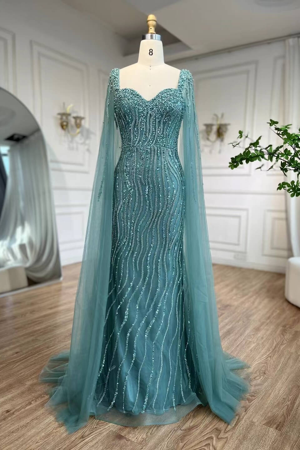 Bellasprom Dusty Sage Ruffle Sleeves Mermaid Prom Dress With Beadings Sweetheart Bellasprom