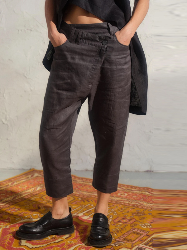 Cotton and Linen Solid Color Button Cropped Pants hjn Shicloths