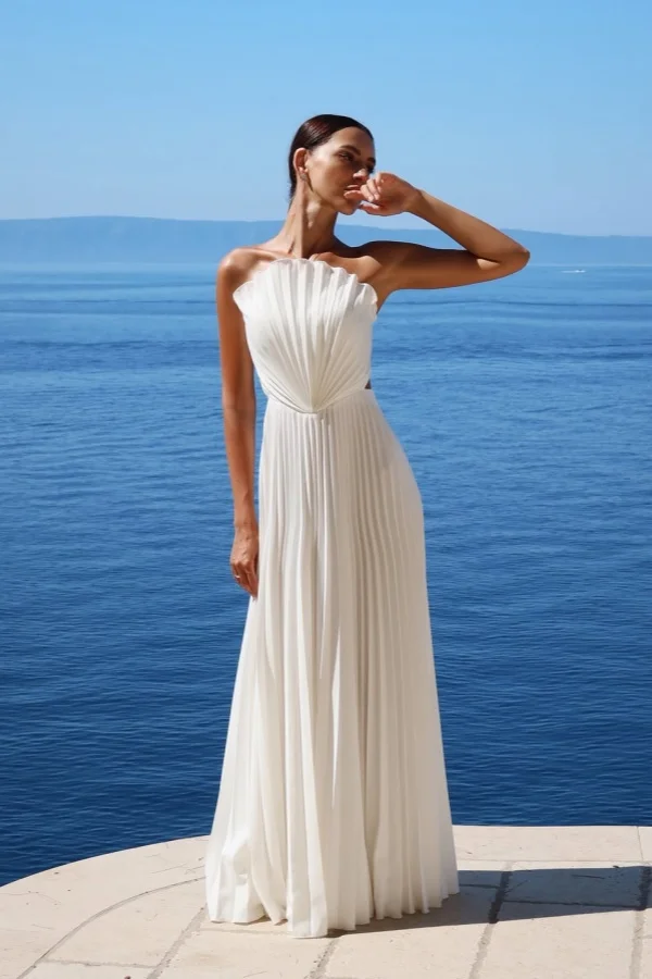 Miabel Simple White Sleeveless Strapless Prom Dress With Pleated     