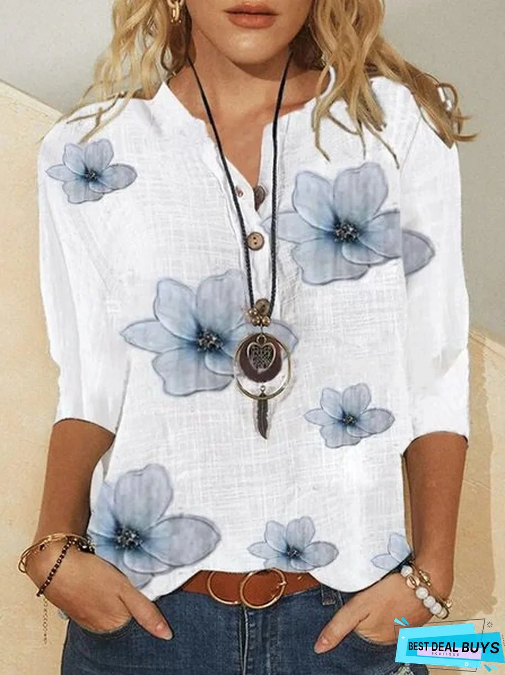 Women's Floral Half Sleeve V Neck Casual Blouse