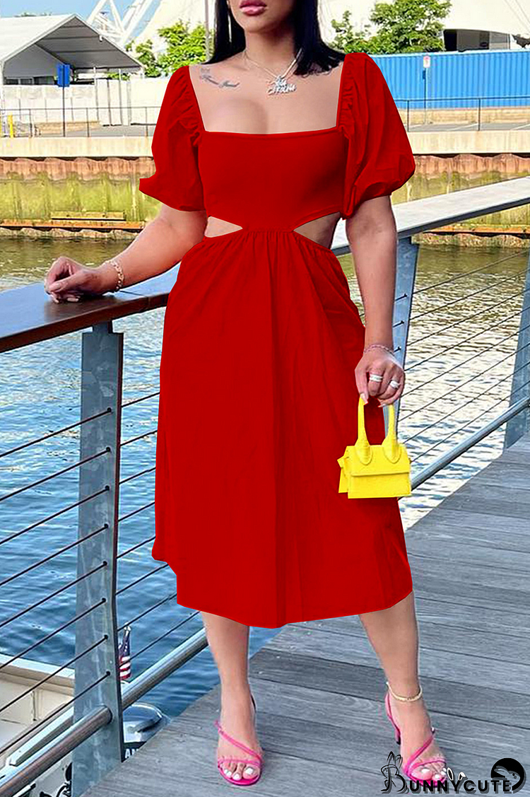 Red Fashion Solid Hollowed Out Square Collar Cake Skirt Dresses