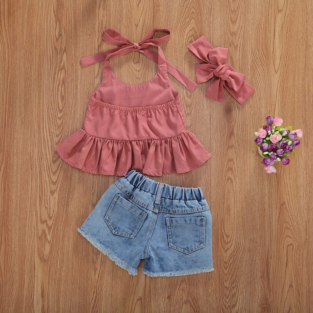 Kids Baby Girls Fashion 3-piece Outfit Set Solid Color Halter Top+Denim Shorts+Headband Set