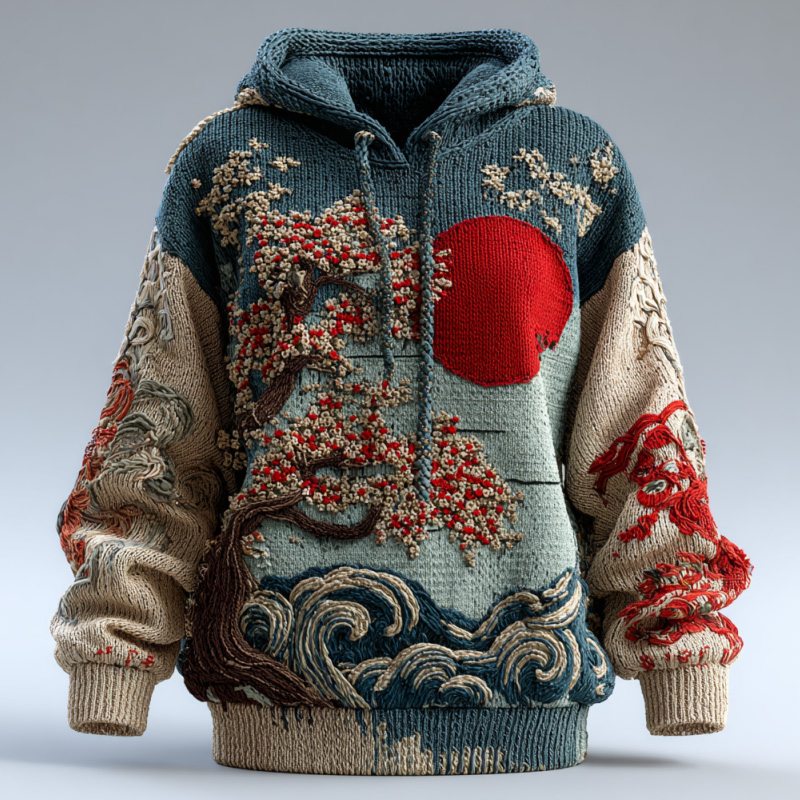 Men's Vintage Japanese Art Wave Floral Embroidered Hoodie  artssus
