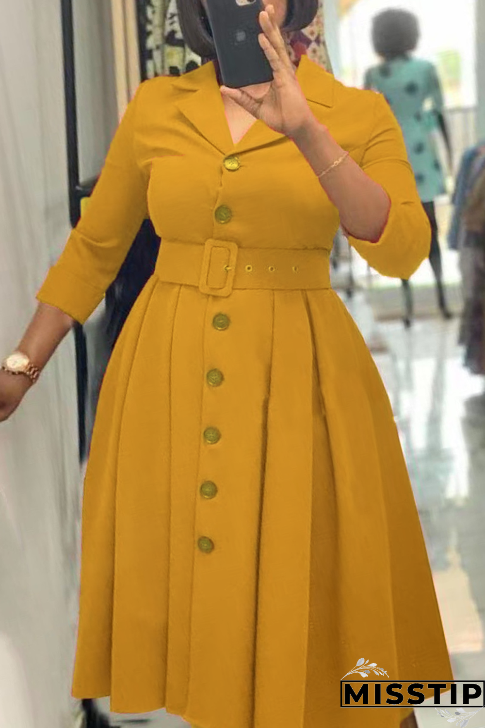 Ginger Elegant Solid Patchwork Buttons Turndown Collar A Line Dresses(With Belt)