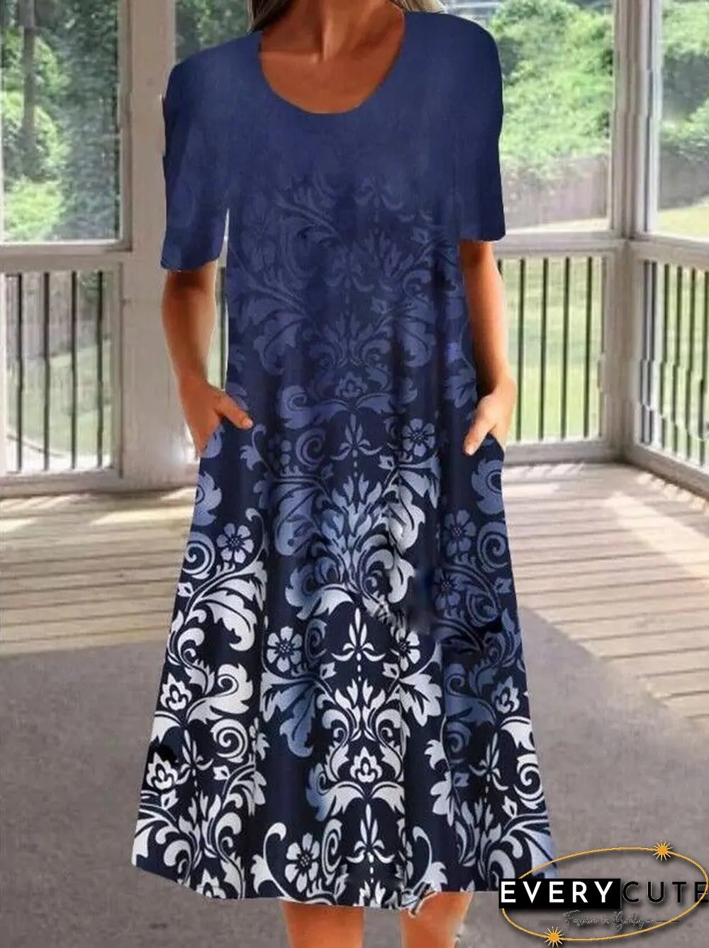 Fashion Personality Retro Floral Print Half Sleeve Dress Black Dresses