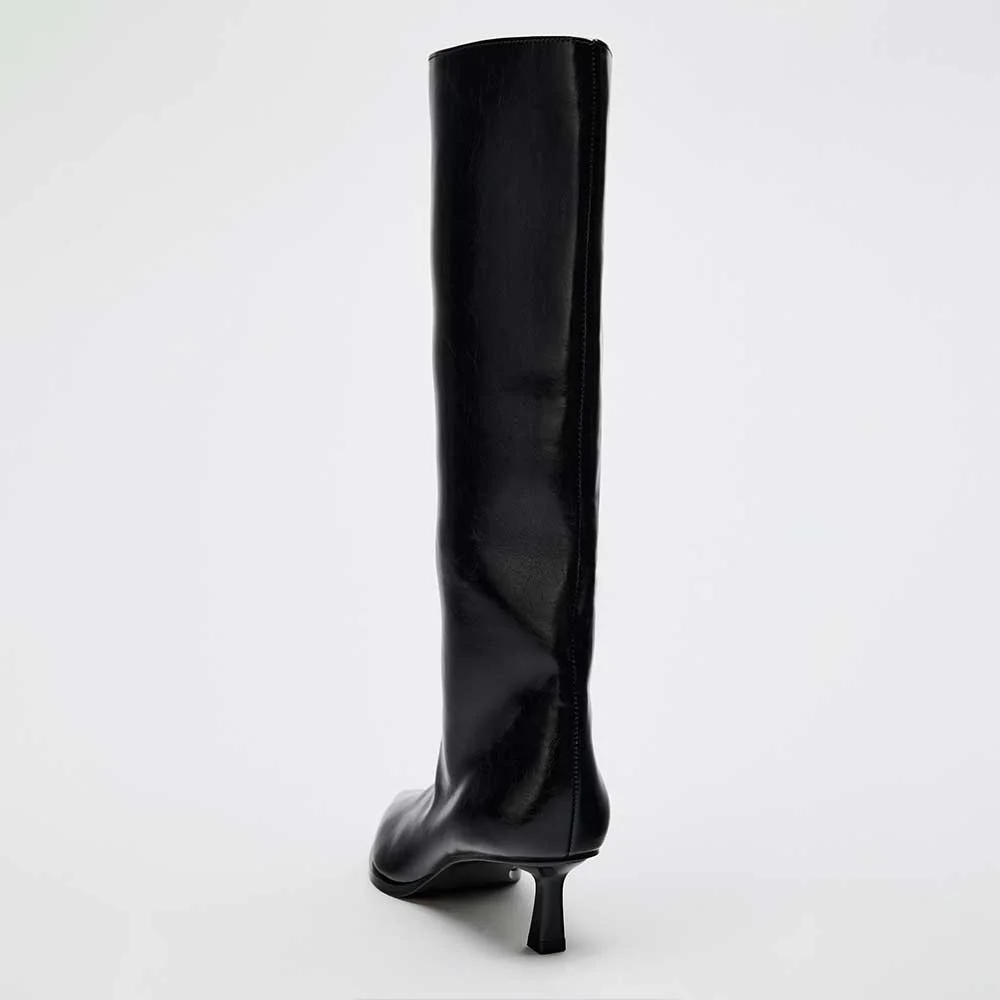 Black Kitten Heel Pointed Toe Pull-On Wide Leg Knee High Boots