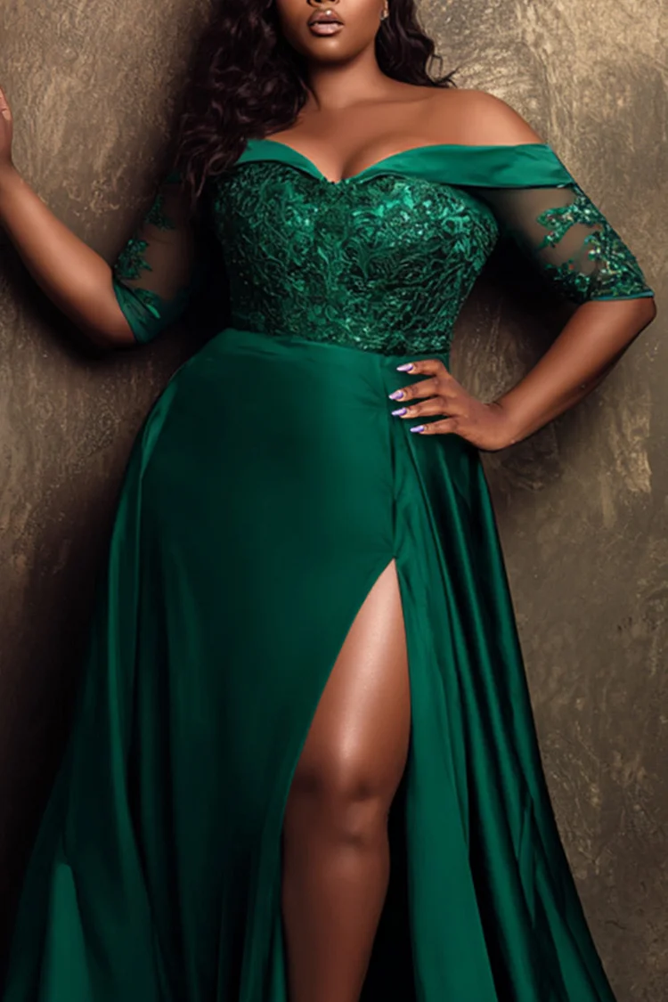 Xpluswear Design Plus Size Formal Emerald Green Off The Shoulder Short Sleeve Split Elegant See Through Lace Satin Maxi Dresses [Pre-Order]