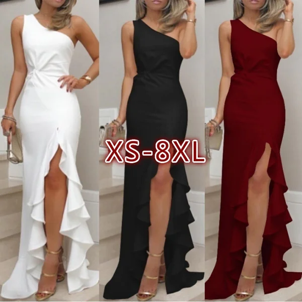 Womens One Shoulder Ruched Ruffle Formal Evening Dress Mermaid Maxi Dress Plus Size XS-8XL