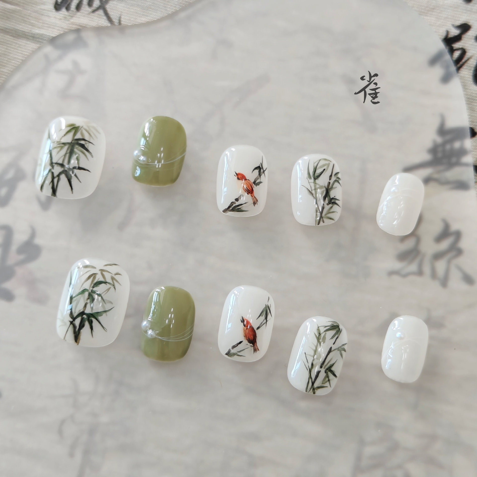 Hand-Painted Sparrow and Bamboo Chinese-Style Nails