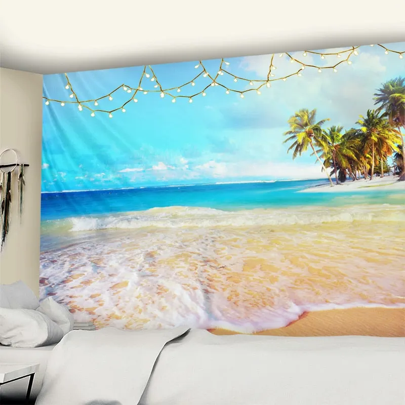 Beach Coconut Tree Tapestry Wall Hanging Bohemian Psychedelic Tapiz Mandala Natural Landscape Home Decor