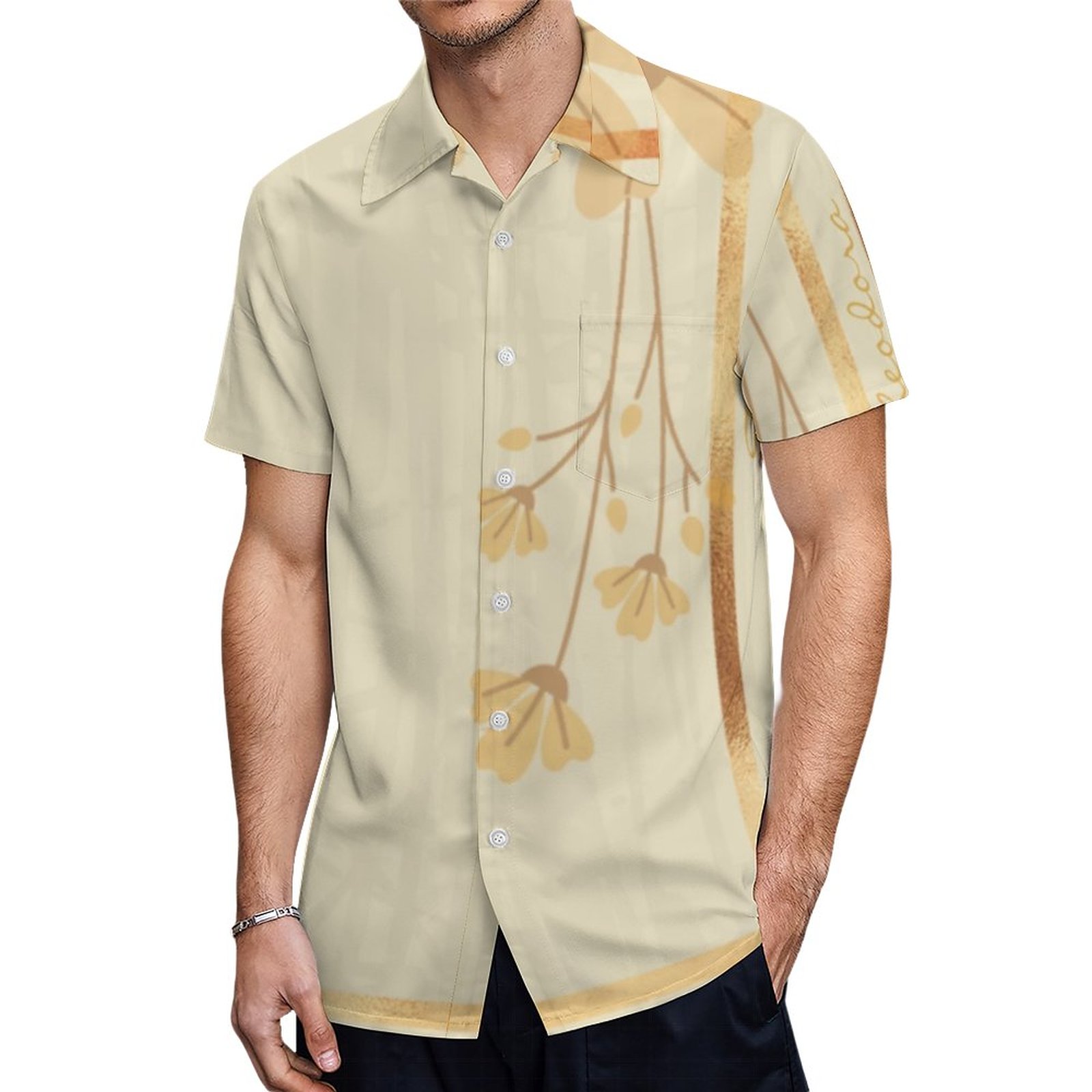 Abstract Gold Ivory Floral Hawaiian Shirt Mens Button Down Plus Size Tropical Hawaii Beach Shirts