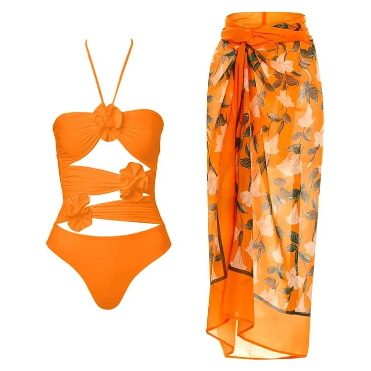 Morisly Halter Cutout 3D Flower Decor One Piece Swimsuit and Sarong
