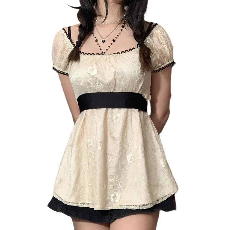 Xingqing 2023 Sweet Fairy Grunge Lace A Line Dresses Summer Women Patchwork Puff Sleeve Kawaii Dress 2000s Aesthetic Outfits LANFUBEISI
