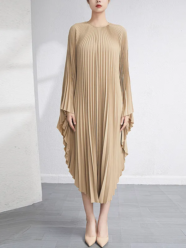 Solid Color Batwing Sleeve Fitted Waist Elegant Midi Dress