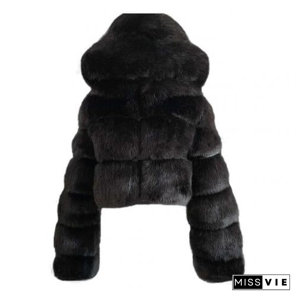 Plus Size Women Jacket Fashion Autumn Winter Faux Fur Cropped Coat Fluffy Zip Hooded Warm Short Jacket