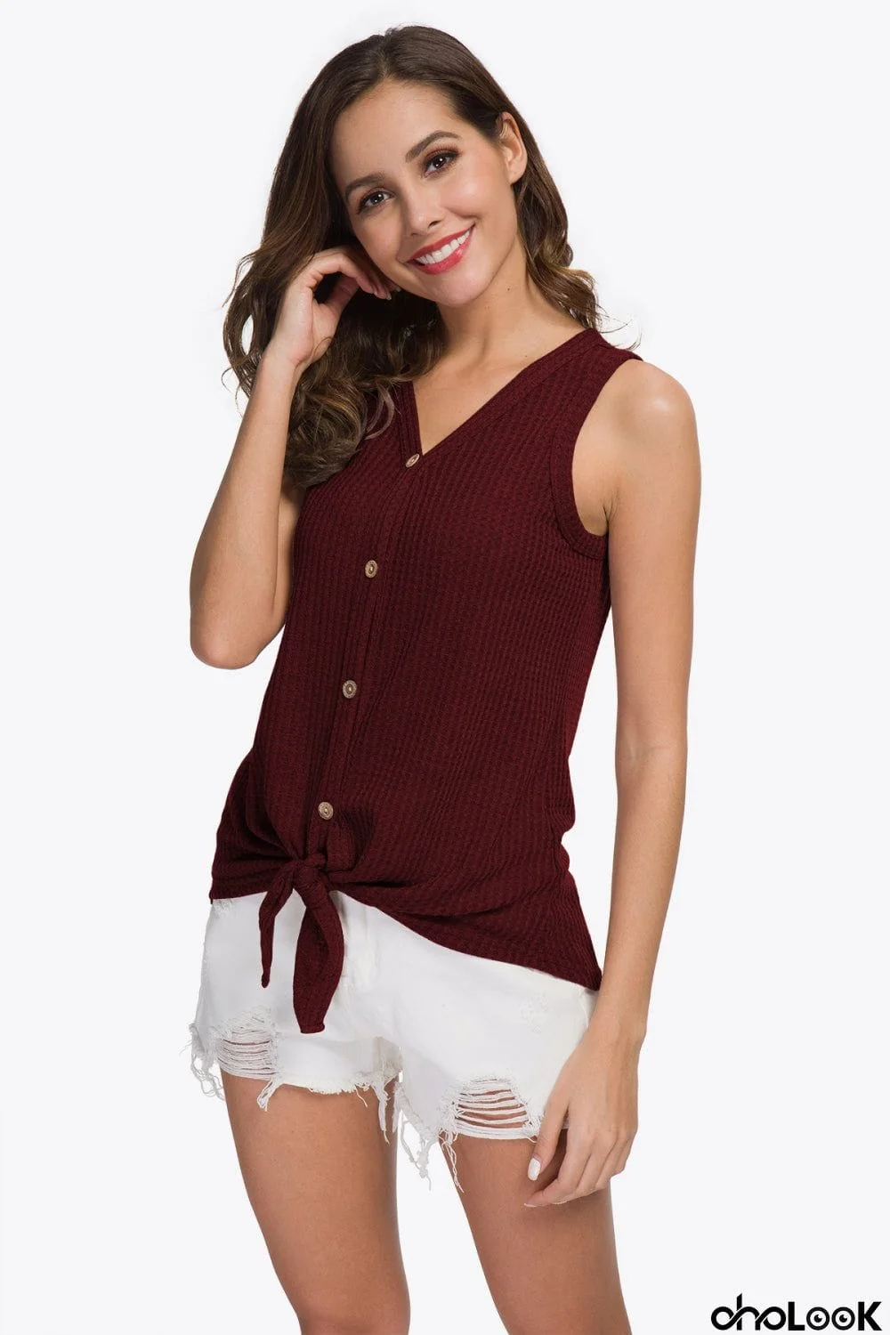 Buttoned V-Neck Ribbed Tank