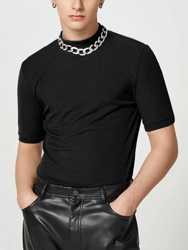 Aonga - Mens Solid Short Sleeve Half-collar Knit T-shirt J