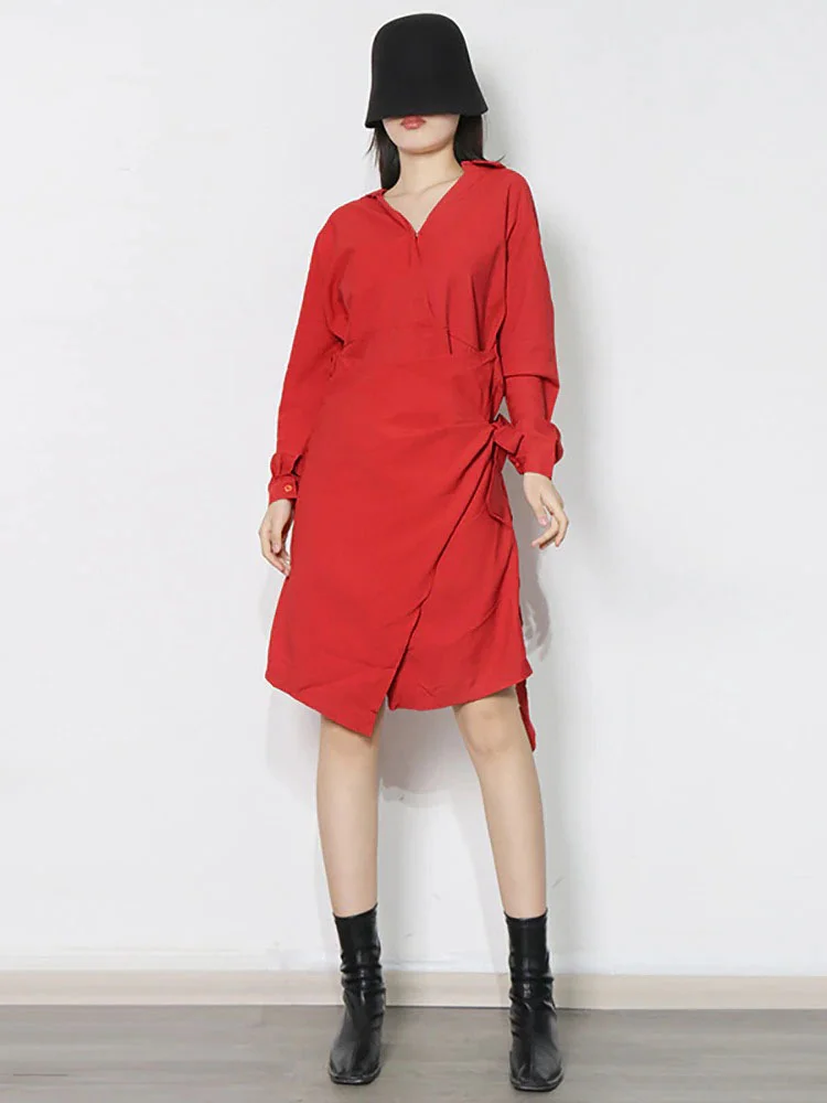 Elegant Solid Color V-neck Asymmetrical Bandage Long Sleeve Shirt Dress          
